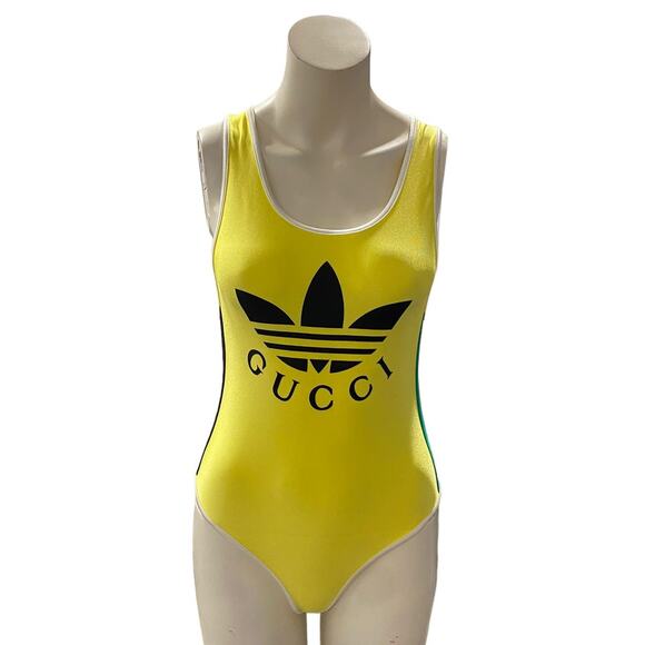 Gucci Adidas One Piece Swimsuit Swimwear Yellow Logo Rare Small - Picture 1 of 11